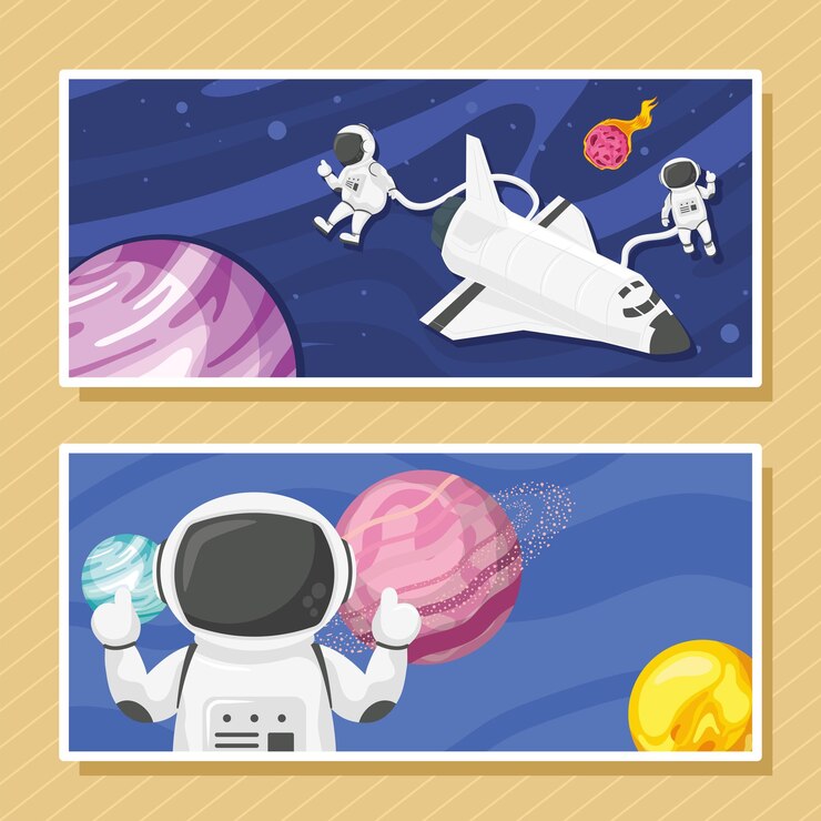 Vector dos tarjetas de escenas exteriores del espacio.