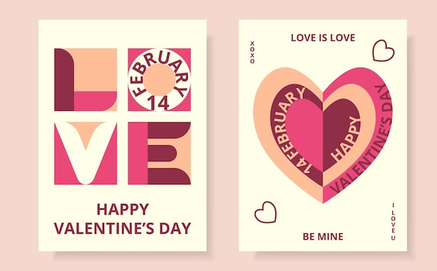 Vector dos tarjetas de formas geométricas abstractas y corazón y amor al estilo bauhaus para el feliz día de san valentín