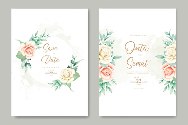 Dos tarjetas de invitación de boda con flores sobre un fondo gris.