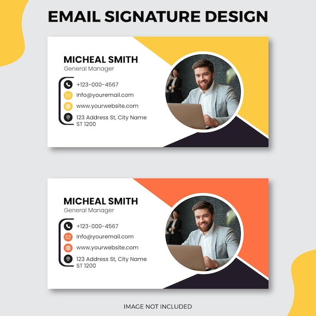 Dos tarjetas de presentación para un cliente con la imagen de un hombre y las palabras diseño de firma de correo electrónico.