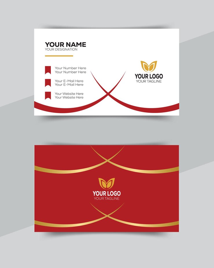 dos tarjetas de visita con un diseño rojo y dorado en ellas