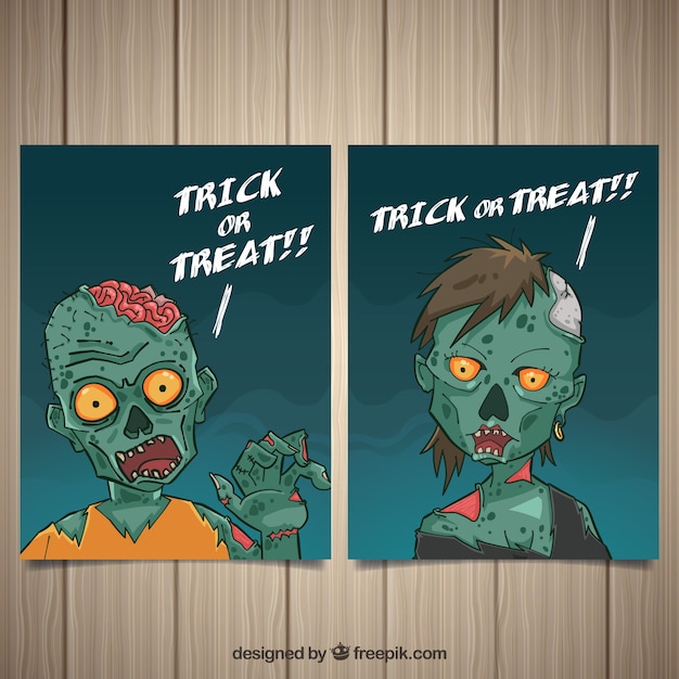 Vector dos tarjetas de zombis de halloween