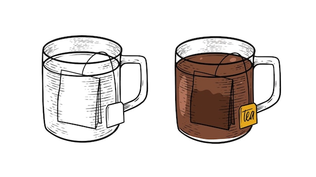 Vector dos tazas con un boceto en blanco y negro de las tazas de café.