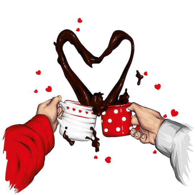 Dos tazas y un chorro de café en forma de corazón. ilustración.