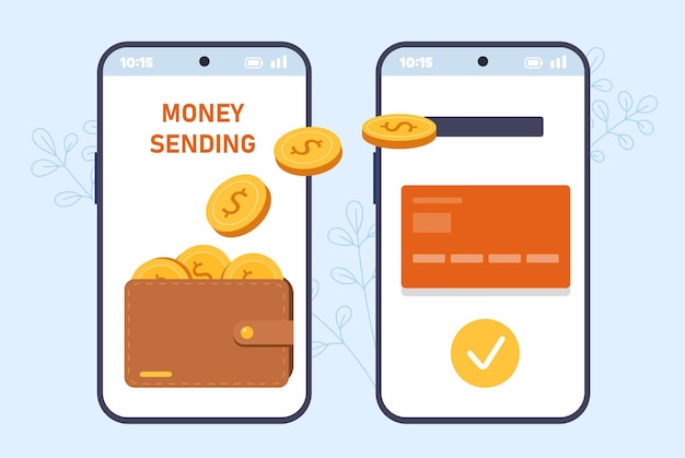 Dos teléfonos inteligentes que muestran una billetera digital y una tarjeta con monedas que se transfieren entre el estilo gráfico plano