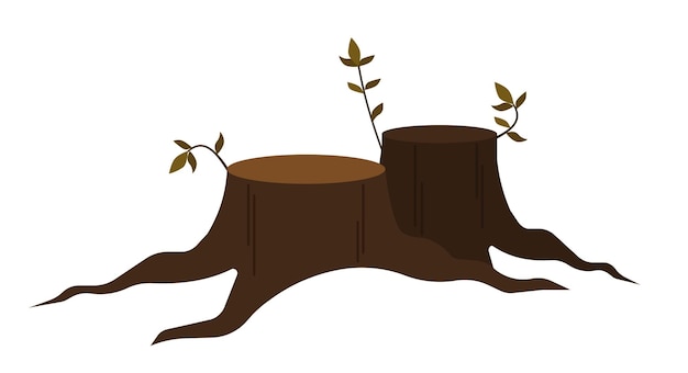 Dos tocones con algunas hojas de otoño Raíces en ambos lados Ilustración de vector de diseño plano