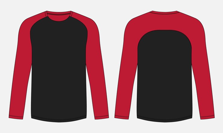 Dos tonos de color negro y rojo con mangas largas camiseta de estilo plano plantilla de ilustración vectorial