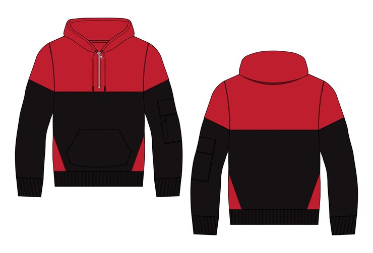 Dos tonos sudadera de manga larga con capucha dibujo técnico moda boceto plano plantilla de ilustración vectorial
