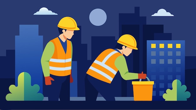 Dos trabajadores de la construcción con cascos reflectantes brillantes mientras trabajan en la reparación de un edificio en