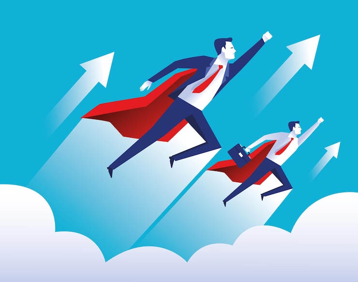 Vector dos trabajadores de hombres de negocios elegantes volando con ilustración de personajes de capas de héroes