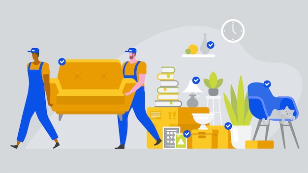 Dos trabajadores llevan un sofá. Mover cajas en casa nueva. Ilustración de estilo plano de vector