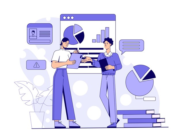 Dos trabajadores de oficina analizando gráficos y gráficos en una pantalla grande estilo plano moderno aislado en blanco