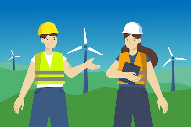 Dos trabajadores de turbinas eólicas en cascos cerca de molinos de viento ilustración del concepto de energía renovable