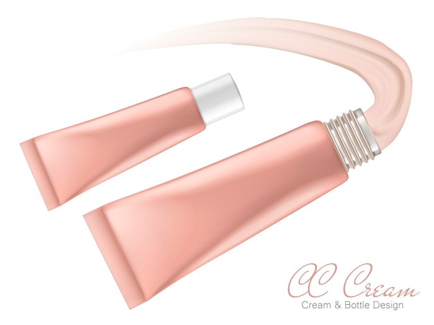 Dos tubos de plástico rosa en blanco inclinados hacia la izquierda exprimiendo la crema cc