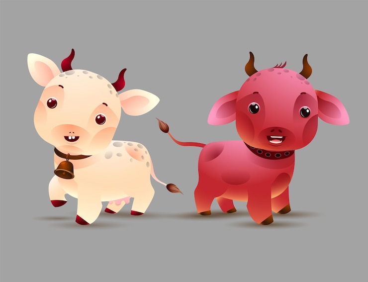 Vector dos vacas con cuernos y una campana alrededor de su cuello vaca linda fondo vectorial de diseño de caracteres