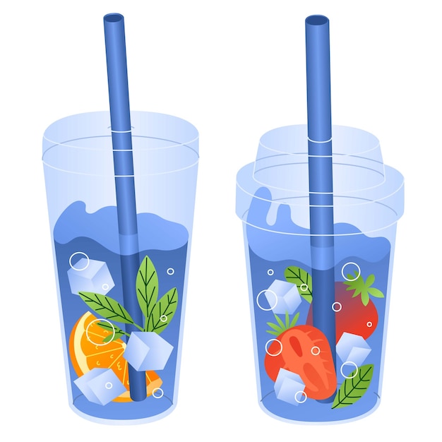 Vector dos vasos de plástico con una bebida fresca de verano y una pajita cócteles con fresas heladas hierbas y naranja ilustración vectorial aislada en fondo transparente