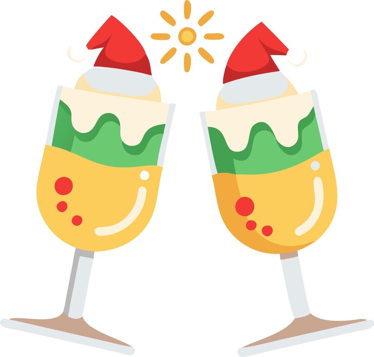 Vector dos vasos de sombreros de santa se muestran con un sol en el fondo