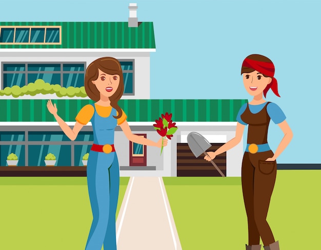 Dos vecinos femeninos hablando Vector ilustración