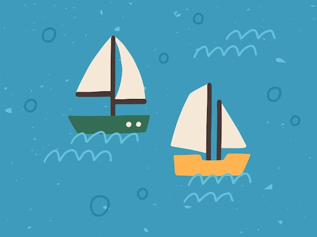 Dos veleros en el fondo del mar con olas y burbujas. Barcos con velas flotando en el océano. Ilustración de vector plano de color infantil del transporte de juguetes marinos en estilo escandinavo.