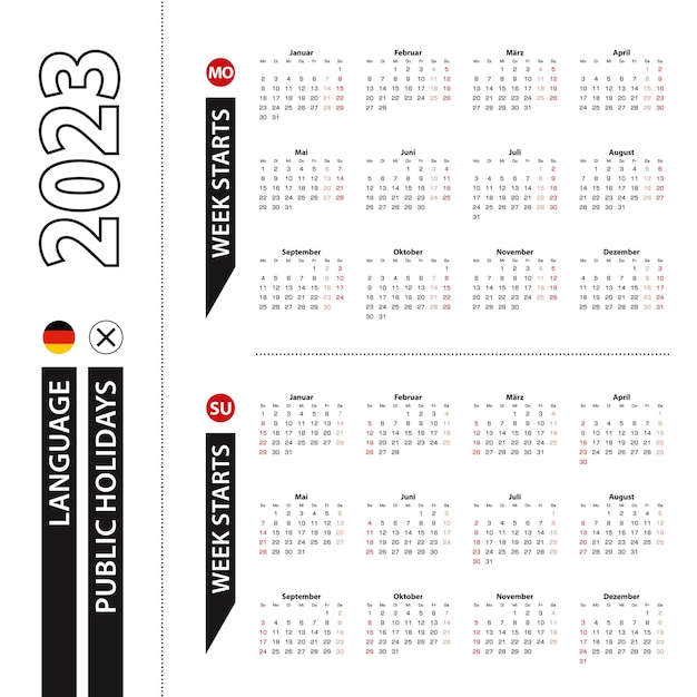 Dos versiones del calendario 2023 en alemán la semana comienza el lunes y la semana comienza el domingo