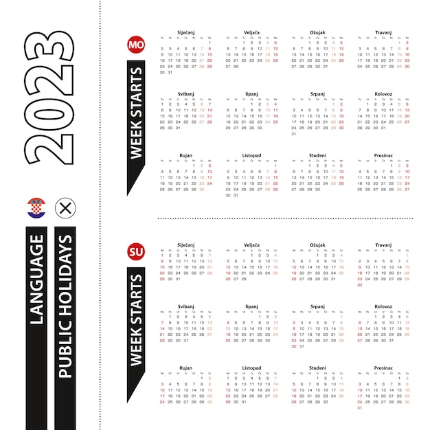 Dos versiones del calendario 2023 en croata la semana comienza el lunes y la semana comienza el domingo