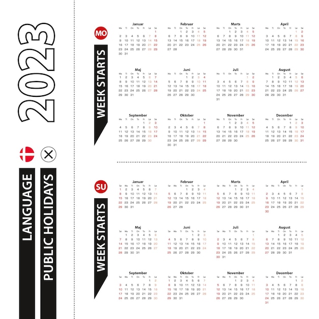 Dos versiones del calendario 2023 en danés la semana comienza el lunes y la semana comienza el domingo