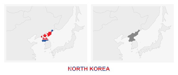 Dos versiones del mapa de Corea del Norte con la bandera de Korea del Norte y resaltadas en gris oscuro