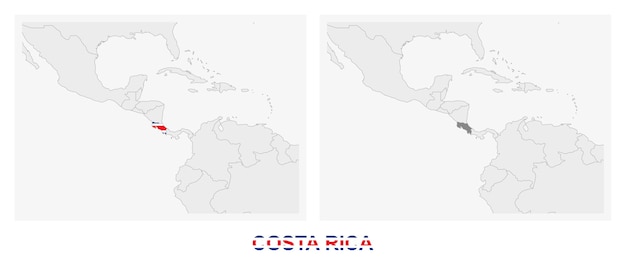 Vector dos versiones del mapa de costa rica con la bandera de costa rica y resaltadas en gris oscuro