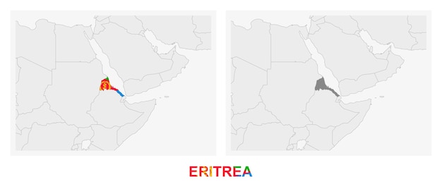 Dos versiones del mapa de Eritrea con la bandera de Eritrea y resaltadas en gris oscuro