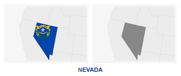 Vector dos versiones del mapa del estado estadounidense de nevada con la bandera de nevada y resaltadas en gris oscuro