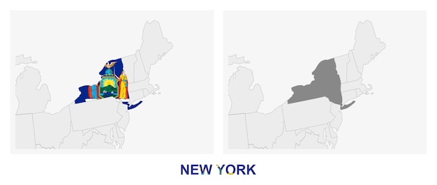 Vector dos versiones del mapa del estado estadounidense de nueva york con la bandera de nueva york y resaltadas en gris oscuro