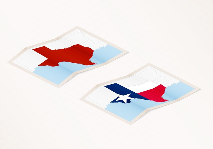 Vector dos versiones de un mapa plegado de texas con la bandera del país de texas