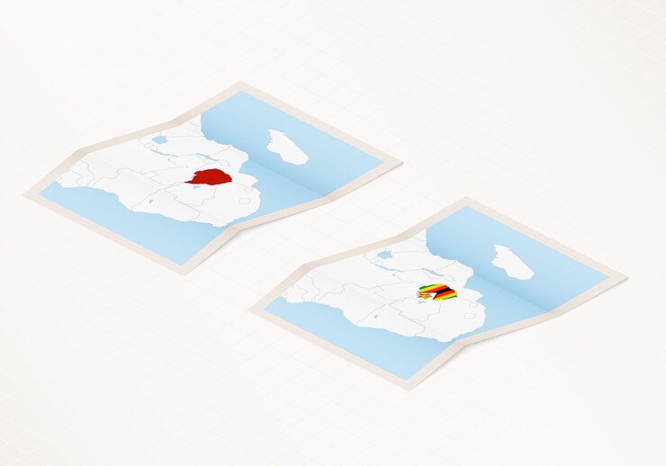 Vector dos versiones de un mapa plegado de zimbabwe con la bandera del país de zimbabwe