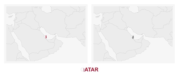 Vector dos versiones del mapa de qatar con la bandera de qatar y resaltadas en gris oscuro