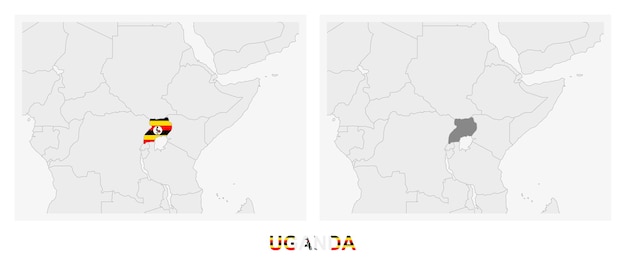 Vector dos versiones del mapa de uganda con la bandera de uganda y resaltadas en gris oscuro