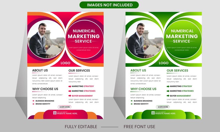 Dos volantes para un servicio de marketing con un círculo verde y azul a su alrededor.
