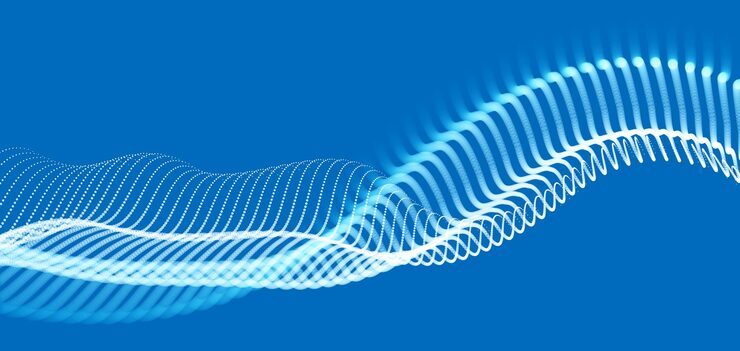 Vector dotted particles wave flow vector abstract technology and science background, big data flow, nanotechnology theme, beautiful abstraction design dots array cluster in wavy motion.