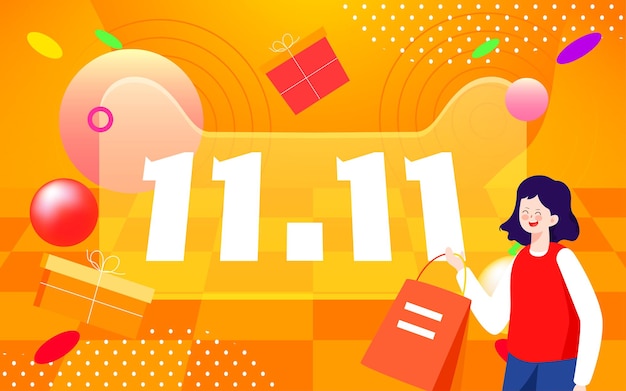 Double 11 Shopping Festival ilustración de personaje de compras en línea Compras en el sitio web de comercio electrónico