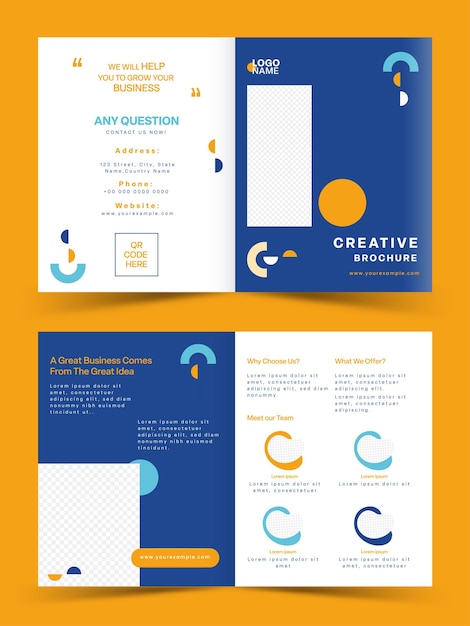 Doubleside of creative bifold brochure template con espacio de copia sobre fondo naranja