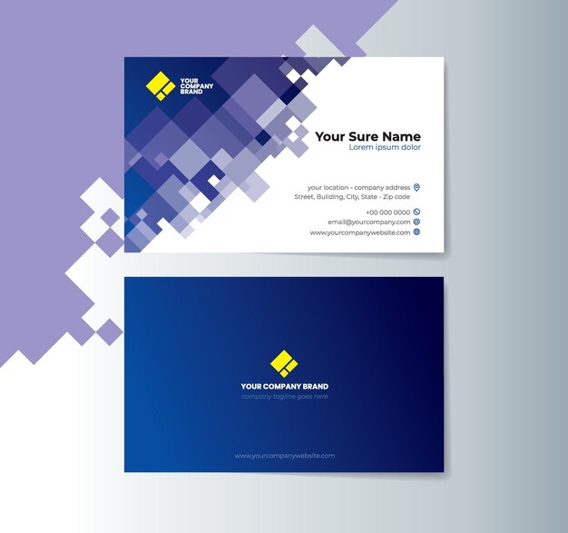Doublesided business card template with random transparent blue squares on a white background