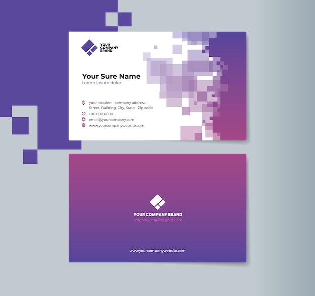 Doublesided business card template with random transparent purple squares on white background