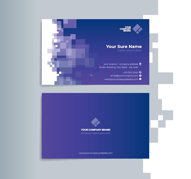 Doublesided business card template with random transparent white squares on blue purple background