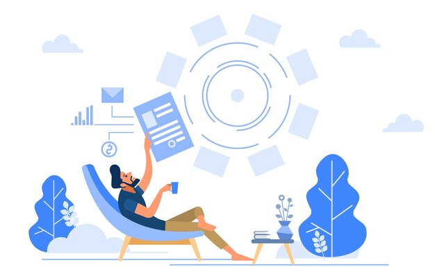 Downshifting escapando de la gente de la oficina que trabaja con un portátil sentado relajado Hombre trabajando en línea un estado de ánimo feliz con una taza de café Vector ilustración plana