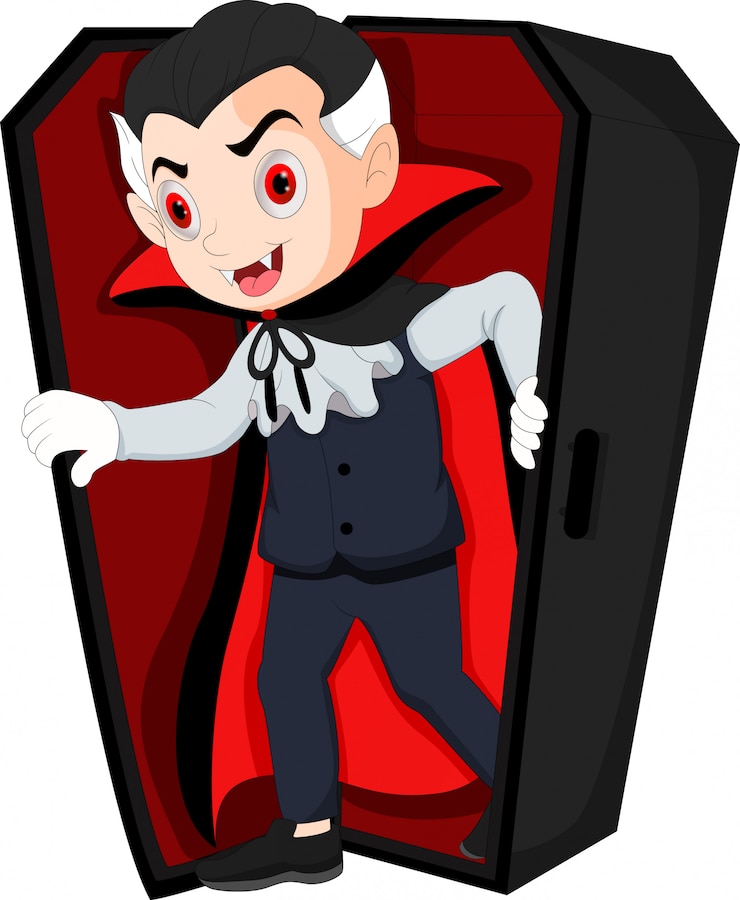 Vector drácula de dibujos animados despertando en ataúd