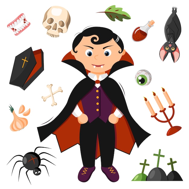 Vector drácula de halloween con varios accesorios de vampiros.