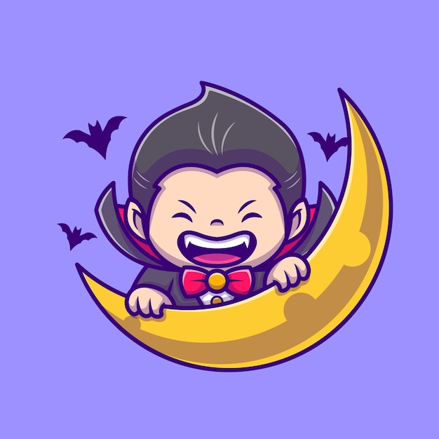 Drácula lindo con la ilustración del icono de la historieta de la luna y del murciélago. Concepto de icono de vacaciones de personas aislado. Estilo de dibujos animados plana