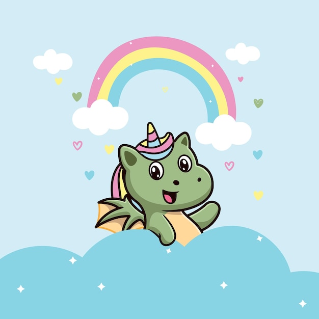 un dragón con un arcoíris en el cielo y un arco iris en el fondo
