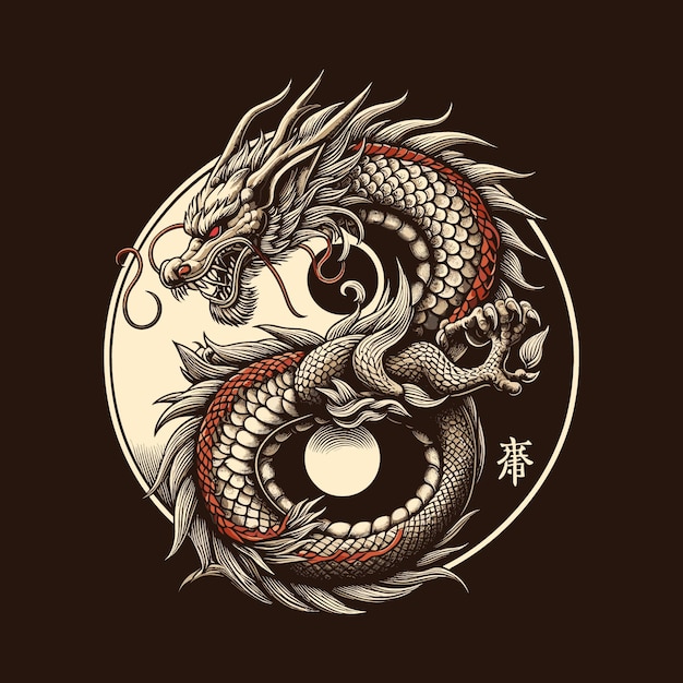 Dragón asiático con símbolo yin yang ilustración para impresión de camiseta o diseño de sudadera con capucha