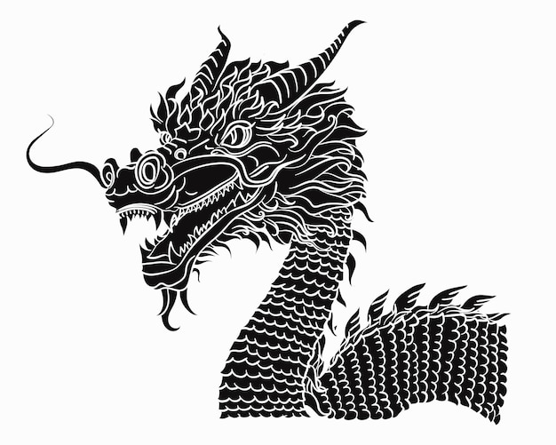 Dragón asiático tradicional negro dibujado a mano aislado en fondo blanco para camiseta o tatuaje