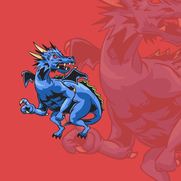 Vector un dragón azul con cola negra y fondo rojo.